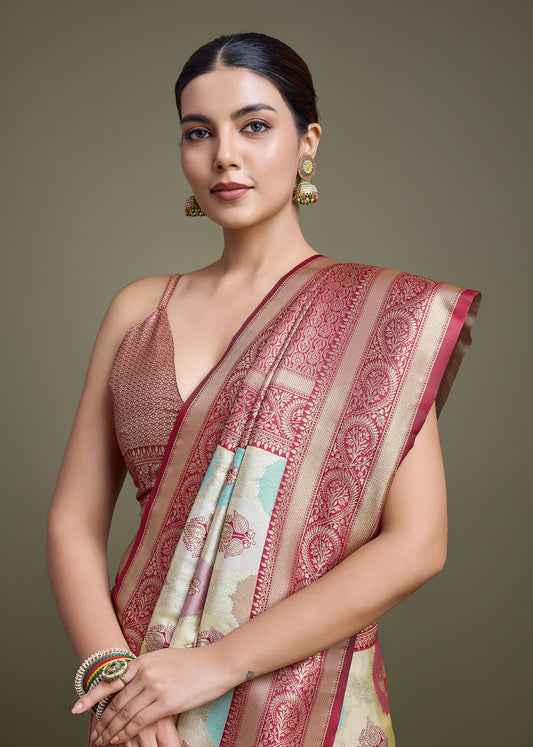 Maroon And Cream Banarasi Silk Jacquard weaving work Saree - Monjolika Fashion
