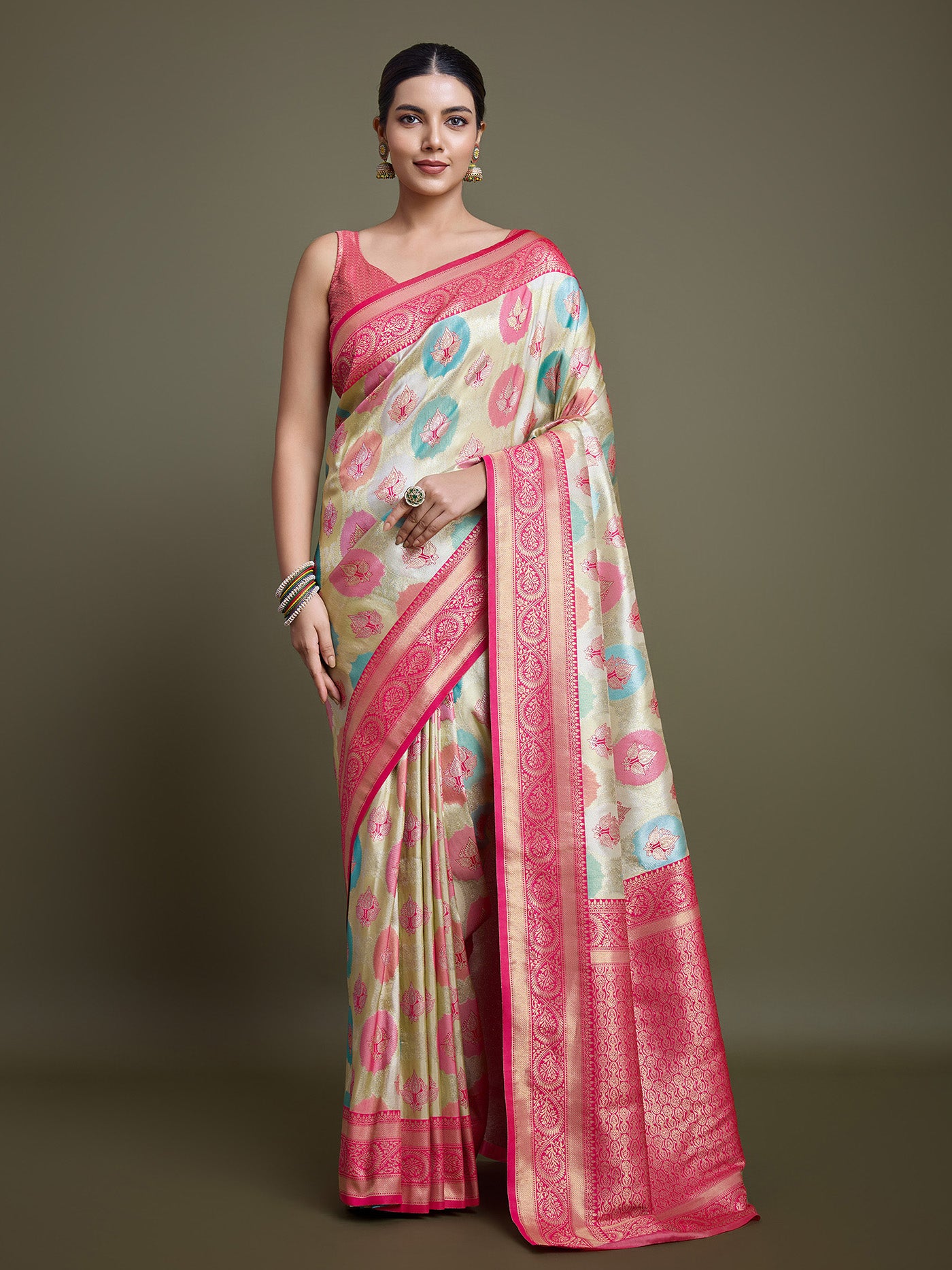 Pink And Cream Banarasi Silk Weaving Traditional Saree - Monjolika Fashion Pink And Cream Banarasi Silk Weaving Traditional Saree - Monjolika Fashion