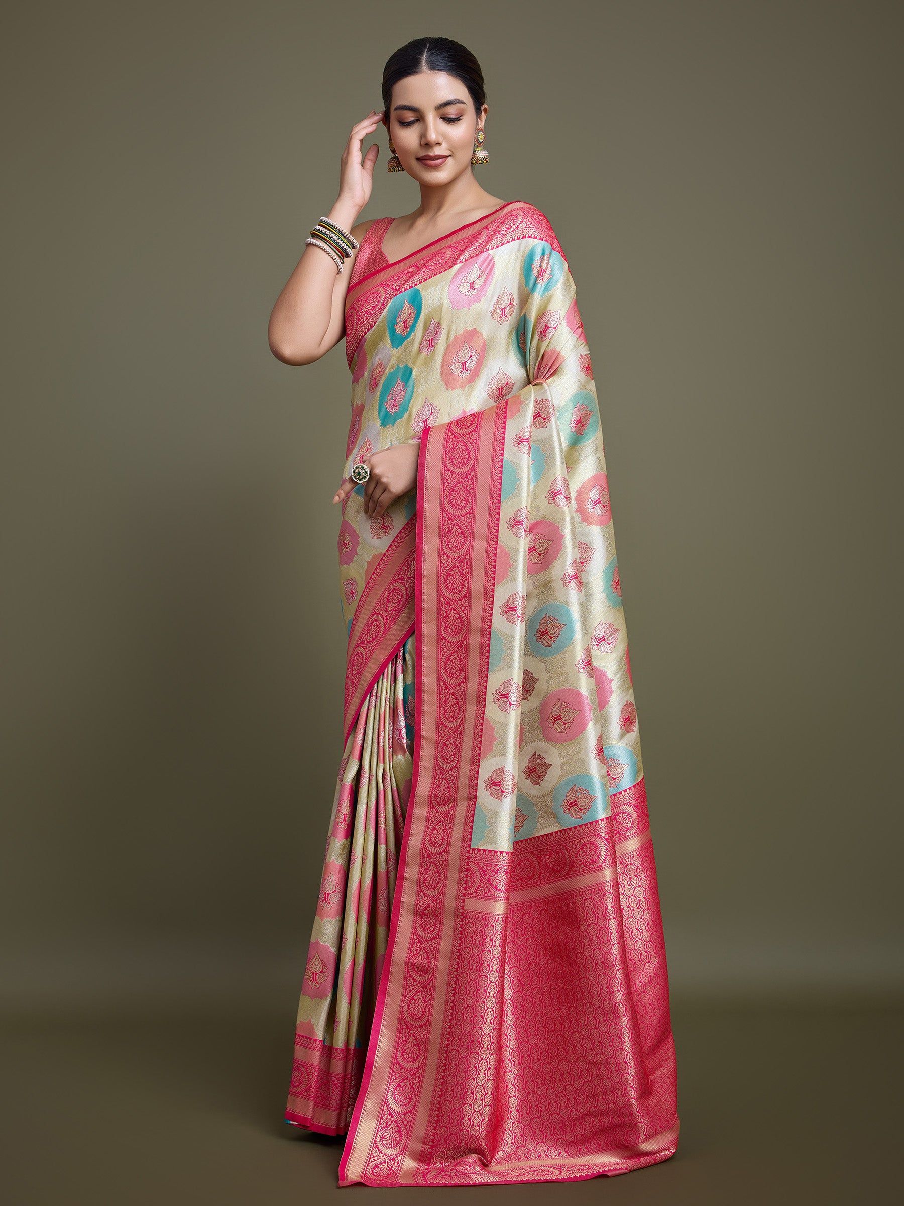 Pink And Cream Banarasi Silk Weaving Traditional Saree - Monjolika Fashion Pink And Cream Banarasi Silk Weaving Traditional Saree - Monjolika Fashion