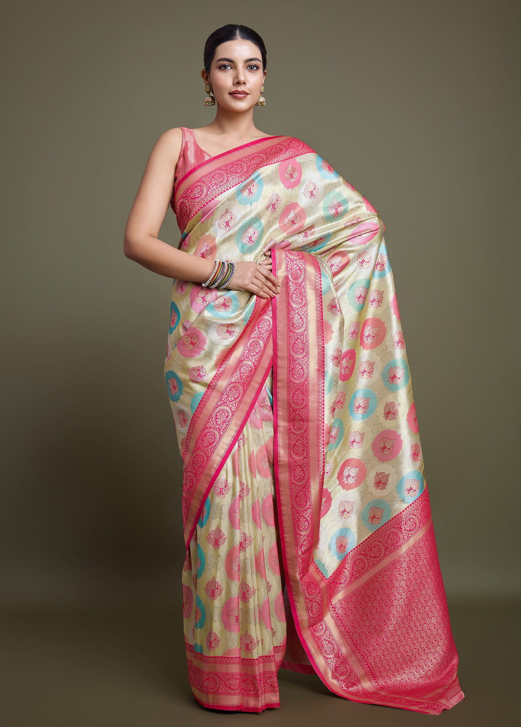 Pink And Cream Banarasi Silk Weaving Traditional Saree - Monjolika Fashion Pink And Cream Banarasi Silk Weaving Traditional Saree - Monjolika Fashion