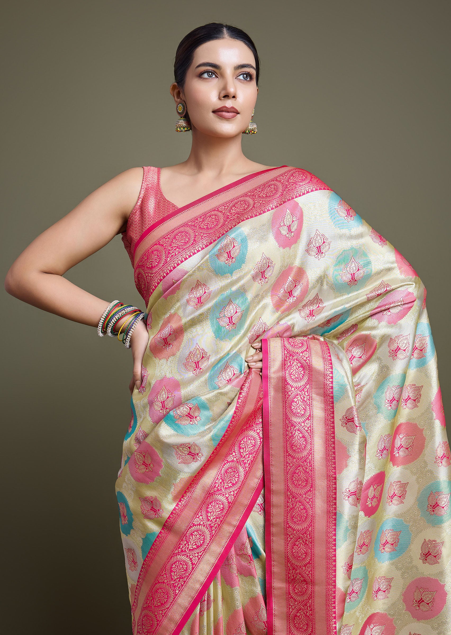 Pink And Cream Banarasi Silk Weaving Traditional Saree - Monjolika Fashion Pink And Cream Banarasi Silk Weaving Traditional Saree - Monjolika Fashion