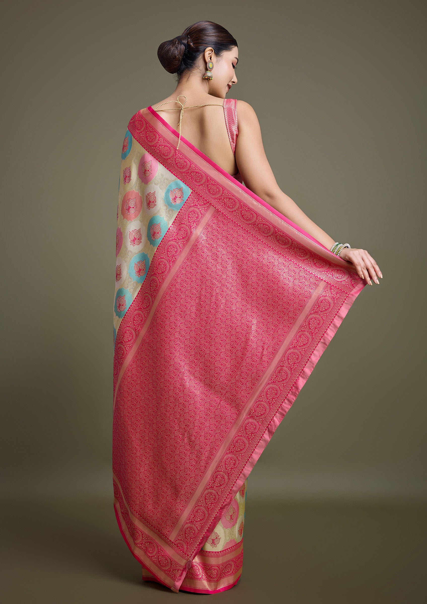 Pink And Cream Banarasi Silk Weaving Traditional Saree - Monjolika Fashion Pink And Cream Banarasi Silk Weaving Traditional Saree - Monjolika Fashion