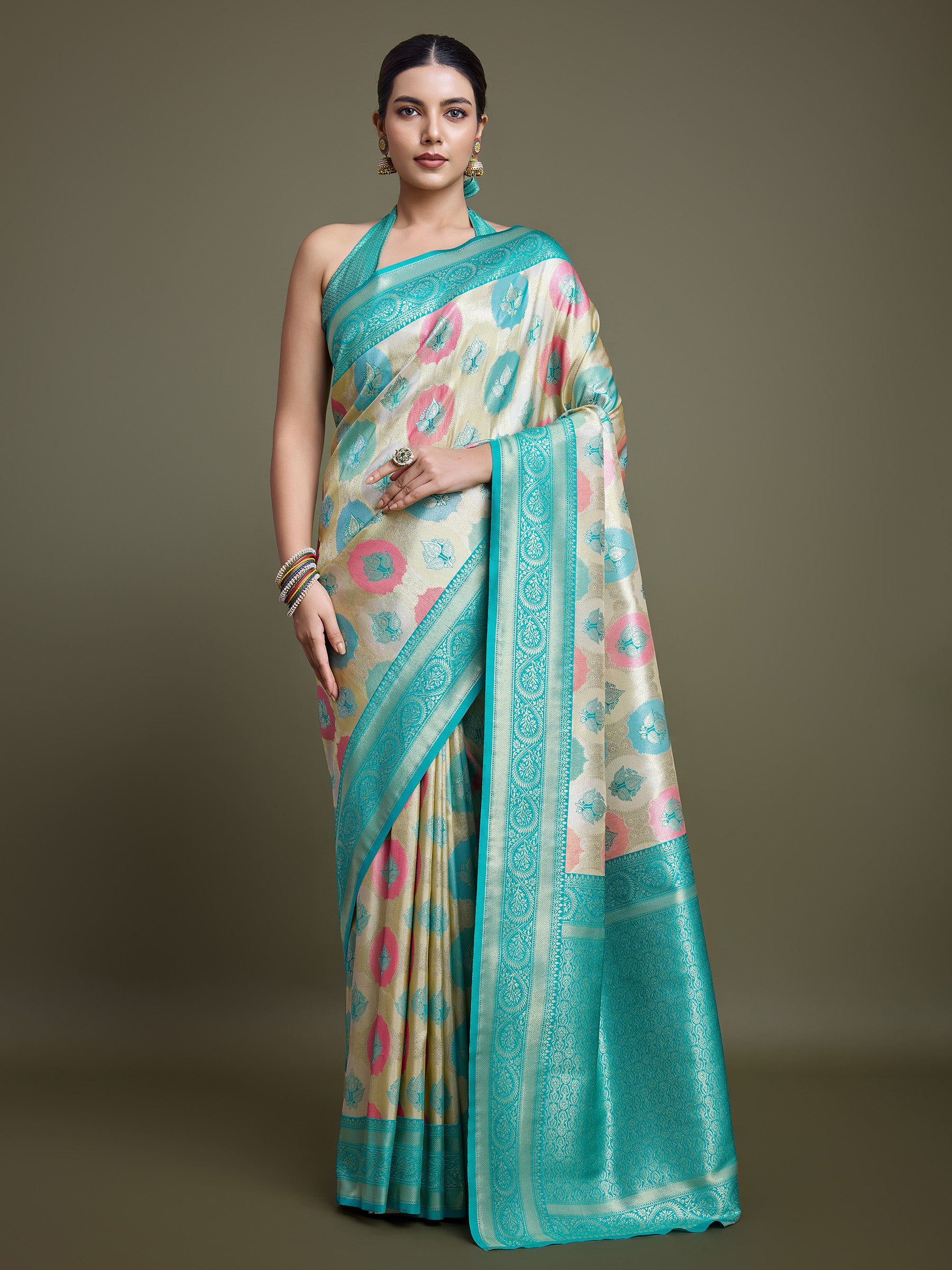 Turquoise And Cream Banarasi Silk Weaving Beautiful Saree - Monjolika Fashion Turquoise And Cream Banarasi Silk Weaving Beautiful Saree - Monjolika Fashion