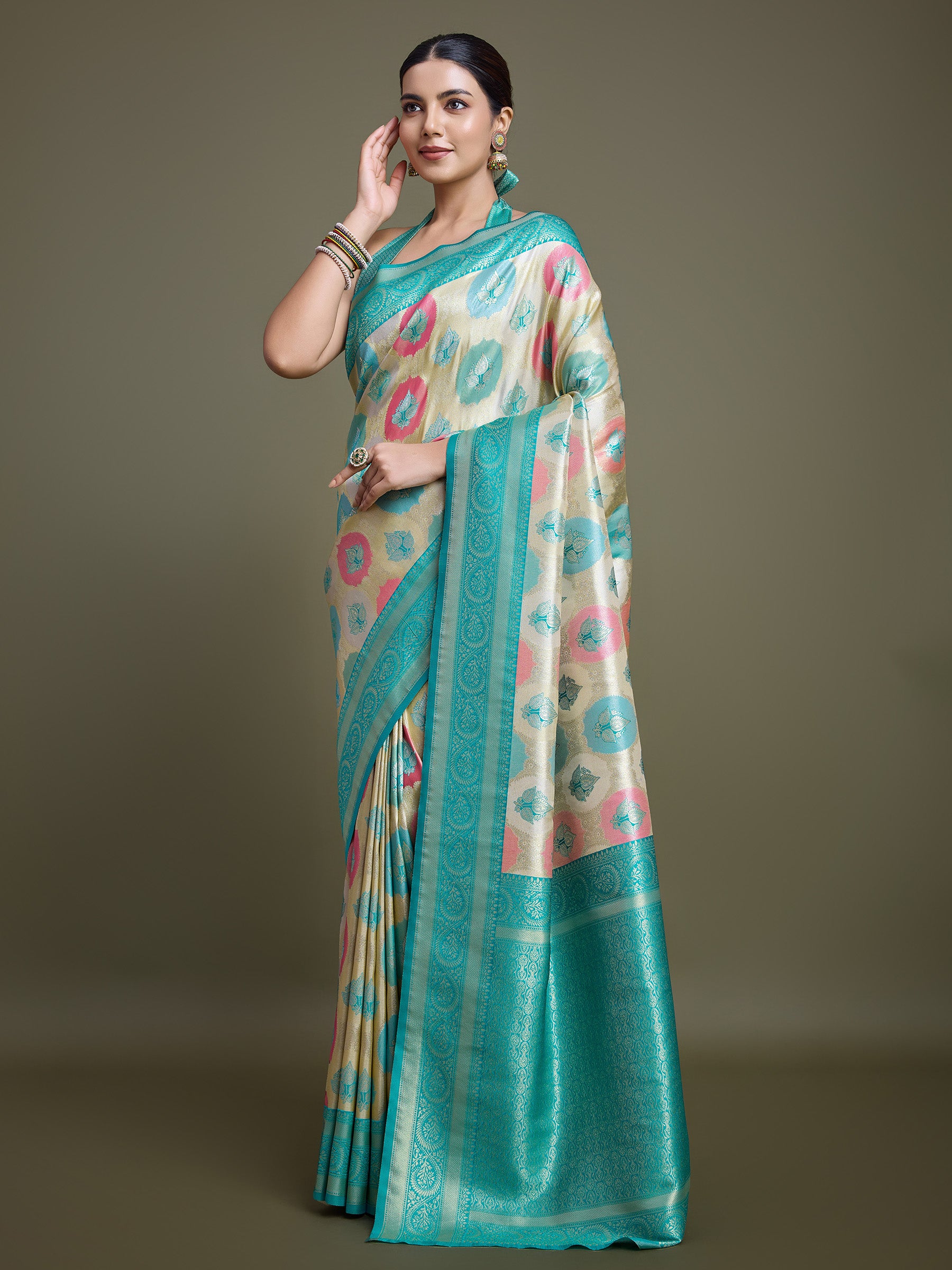 Turquoise And Cream Banarasi Silk Weaving Beautiful Saree - Monjolika Fashion Turquoise And Cream Banarasi Silk Weaving Beautiful Saree - Monjolika Fashion