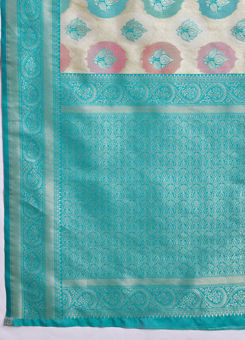 Turquoise And Cream Banarasi Silk Weaving Beautiful Saree - Monjolika Fashion Turquoise And Cream Banarasi Silk Weaving Beautiful Saree - Monjolika Fashion
