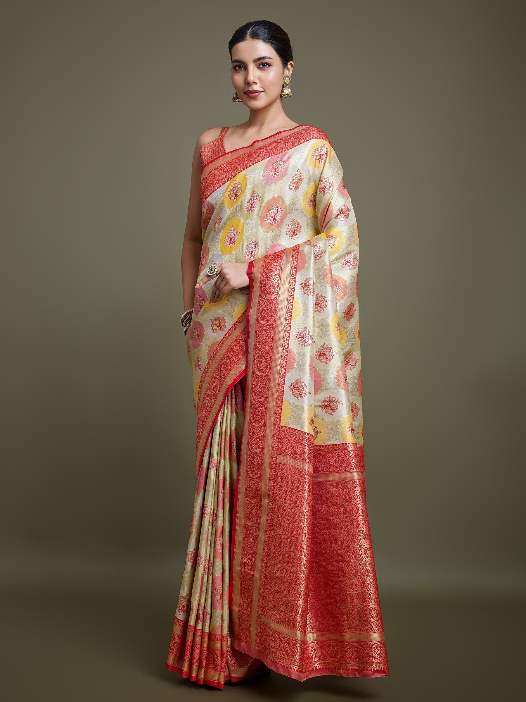 Red And Cream Banarasi Silk Weaving Beautiful Saree - Monjolika Fashion Red And Cream Banarasi Silk Weaving Beautiful Saree - Monjolika Fashion