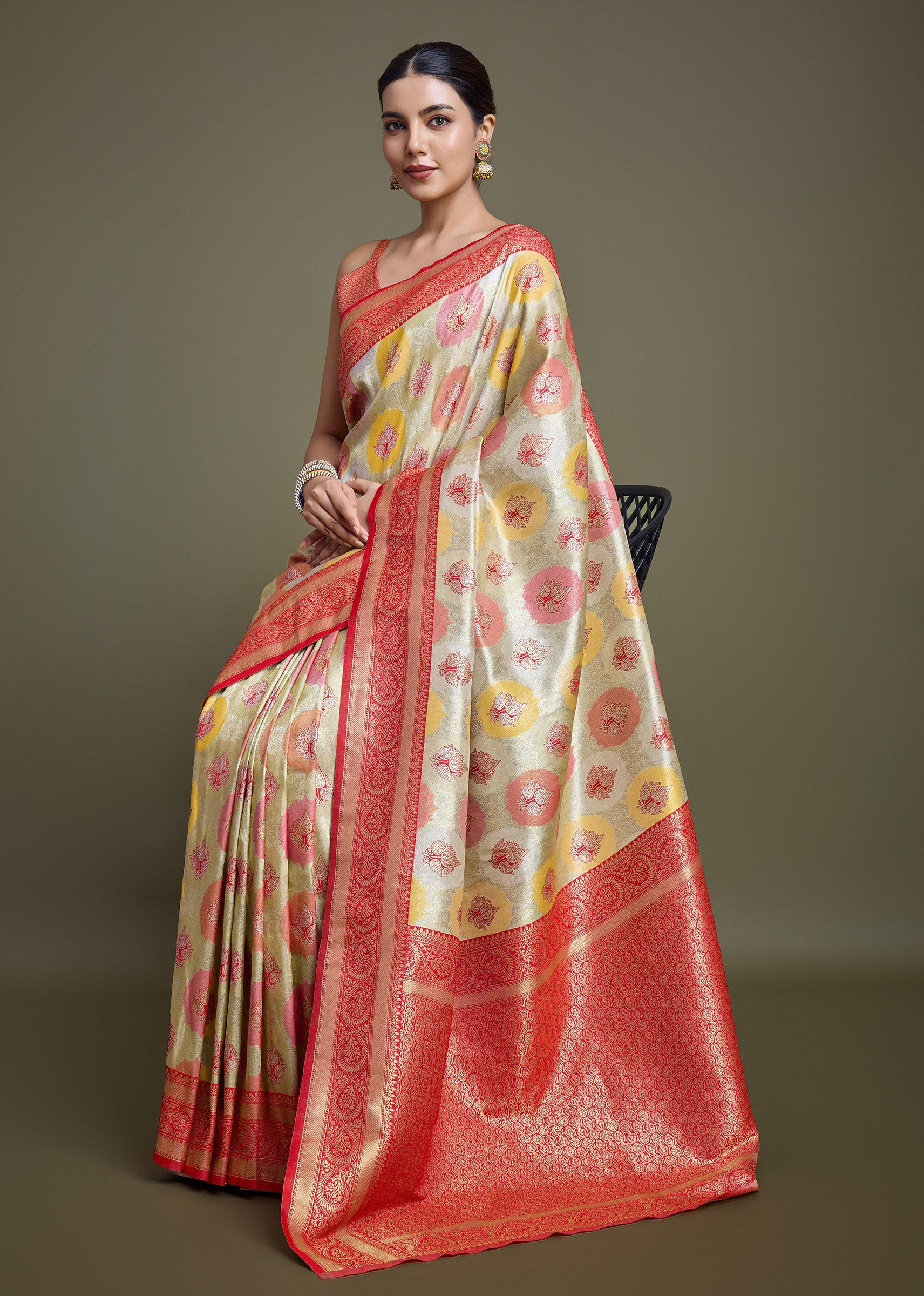 Red And Cream Banarasi Silk Weaving Beautiful Saree - Monjolika Fashion Red And Cream Banarasi Silk Weaving Beautiful Saree - Monjolika Fashion