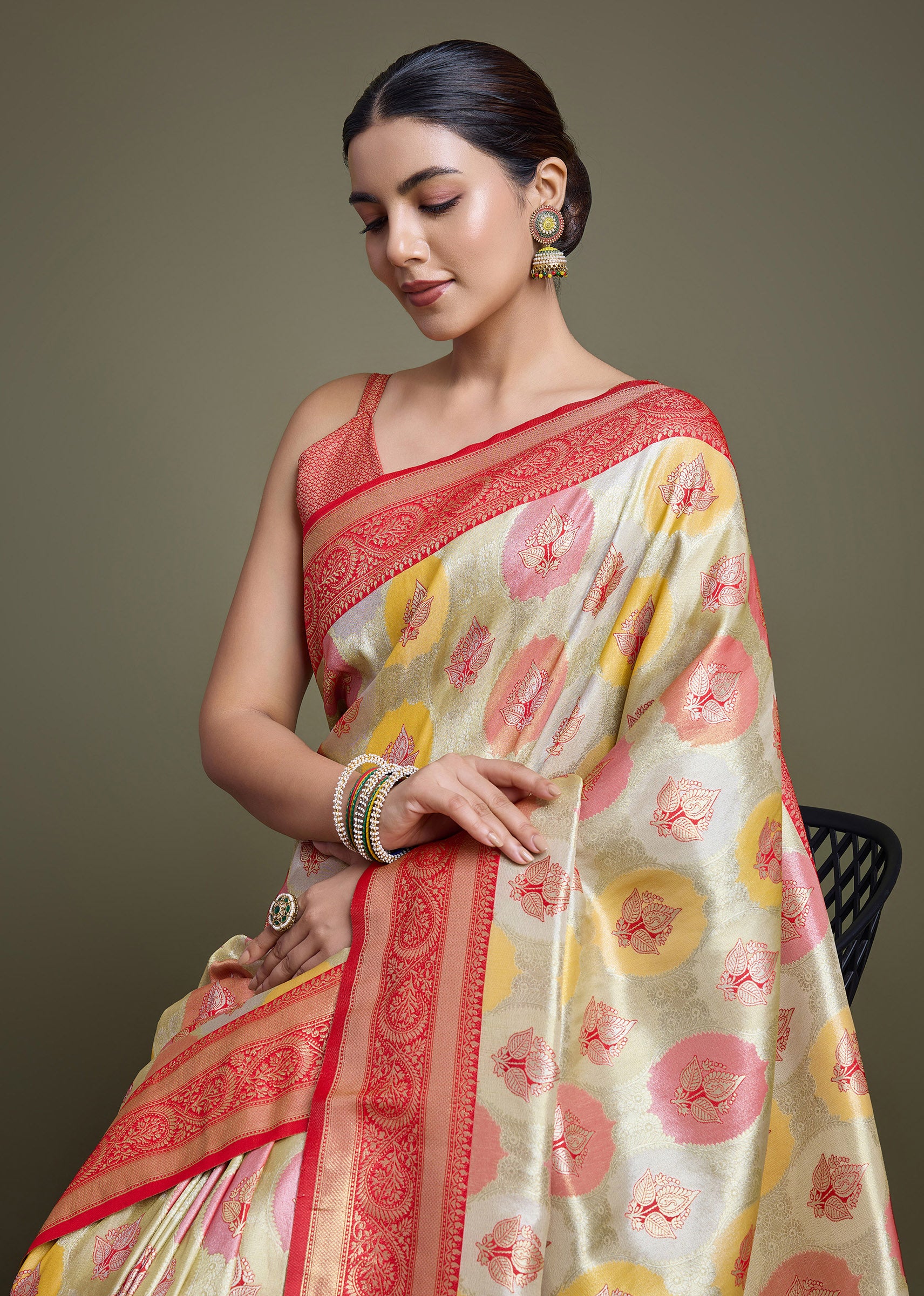 Red And Cream Banarasi Silk Weaving Beautiful Saree - Monjolika Fashion Red And Cream Banarasi Silk Weaving Beautiful Saree - Monjolika Fashion