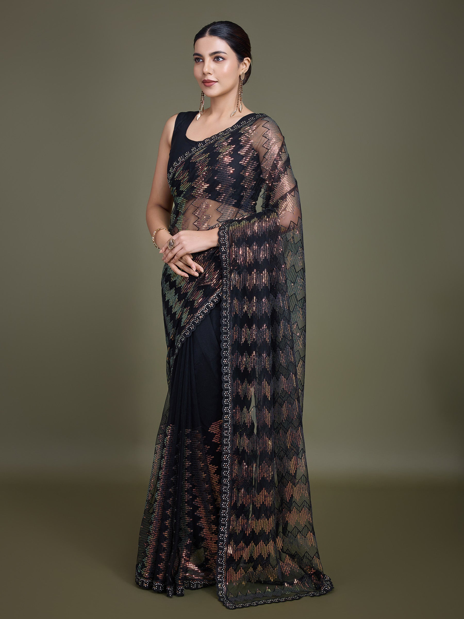 Black Net Sparkling Sequin Stunning Saree - Monjolika Fashion Black Net Sparkling Sequin Stunning Saree - Monjolika Fashion