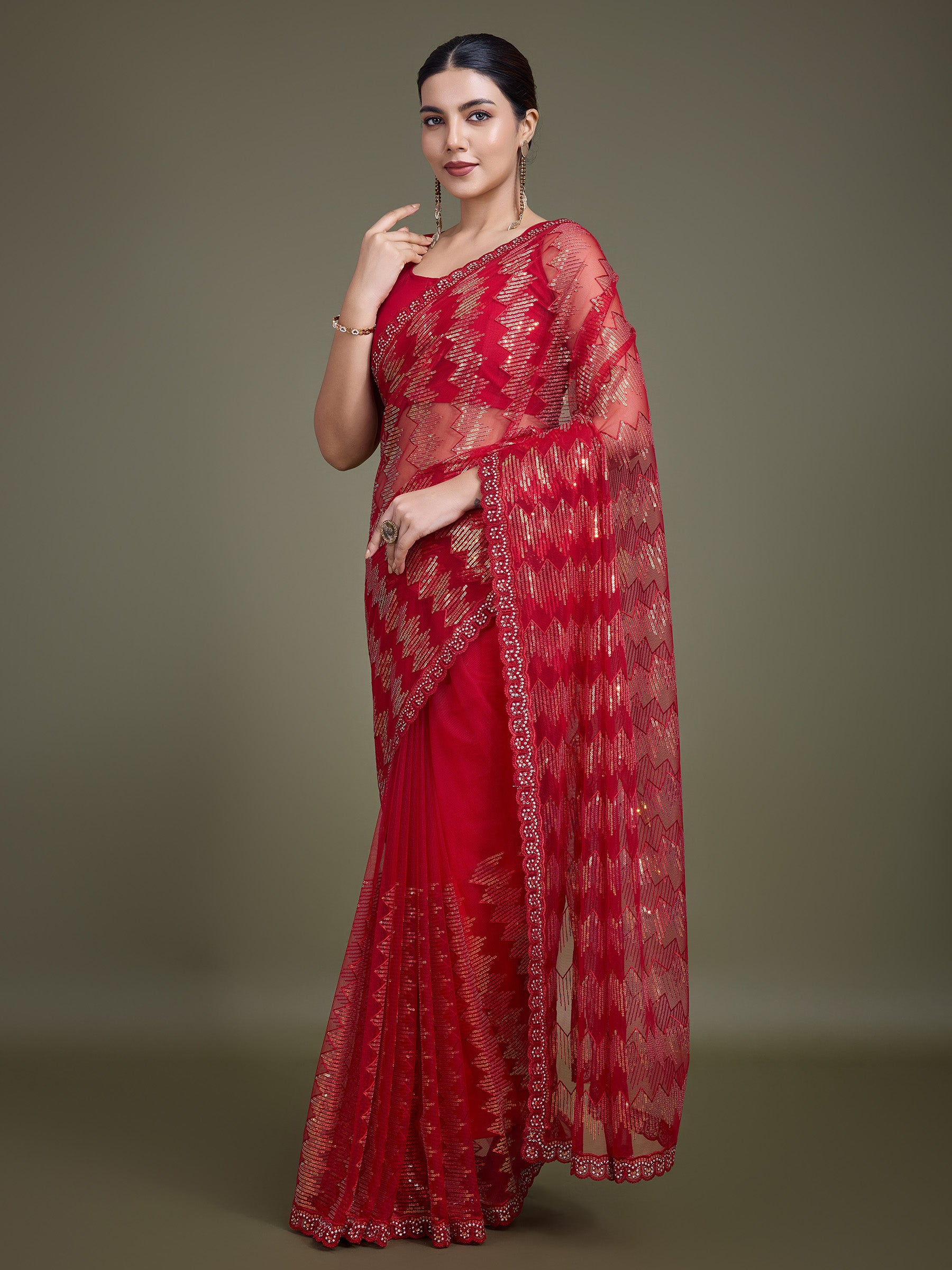 Red Soft Net Sequin Work Sparkling Saree - Monjolika Fashion Red Soft Net Sequin Work Sparkling Saree - Monjolika Fashion