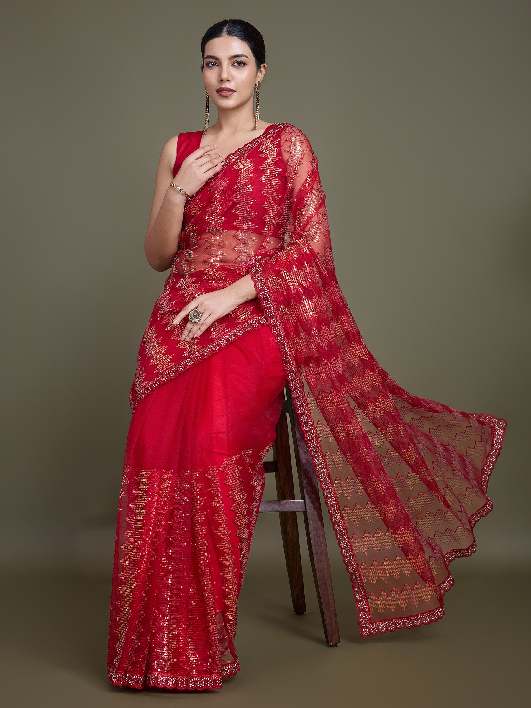 Red Soft Net Sequin Work Sparkling Saree - Monjolika Fashion Red Soft Net Sequin Work Sparkling Saree - Monjolika Fashion