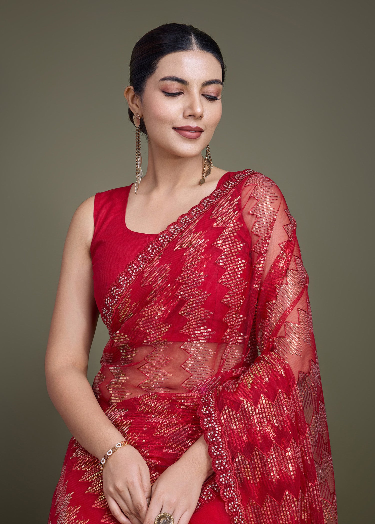 Red Soft Net Sequin Work Sparkling Saree - Monjolika Fashion Red Soft Net Sequin Work Sparkling Saree - Monjolika Fashion
