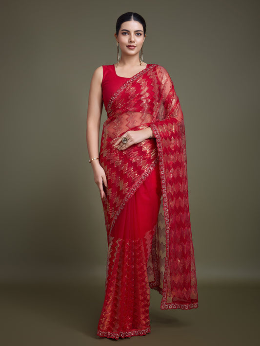 Red Soft Net Sequin Work Sparkling Saree - Monjolika Fashion