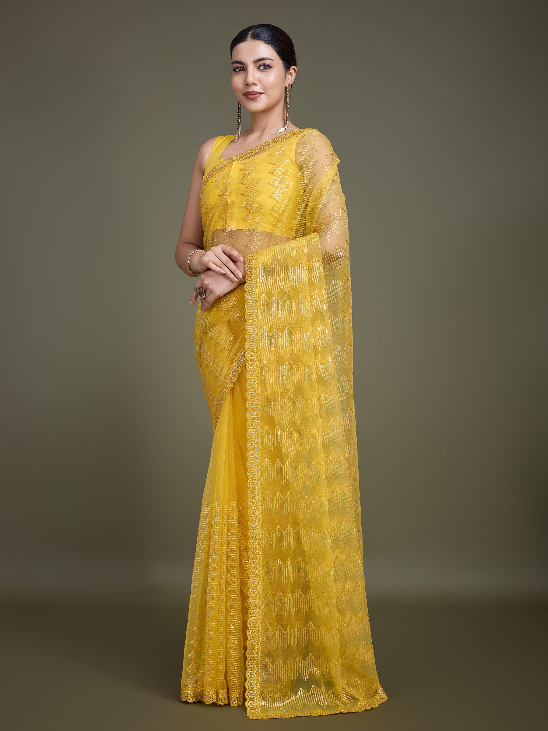 Yellow Soft Net Sequin Party Wear Saree - Monjolika Fashion Yellow Soft Net Sequin Party Wear Saree - Monjolika Fashion