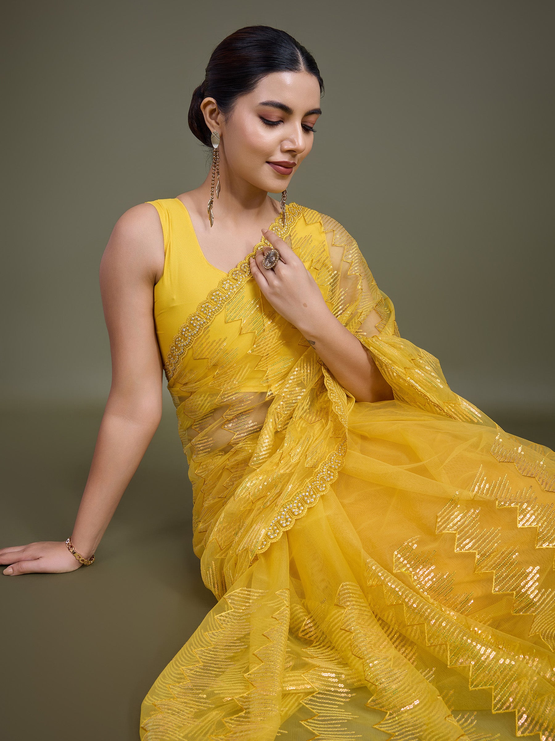 Yellow Soft Net Sequin Party Wear Saree - Monjolika Fashion Yellow Soft Net Sequin Party Wear Saree - Monjolika Fashion