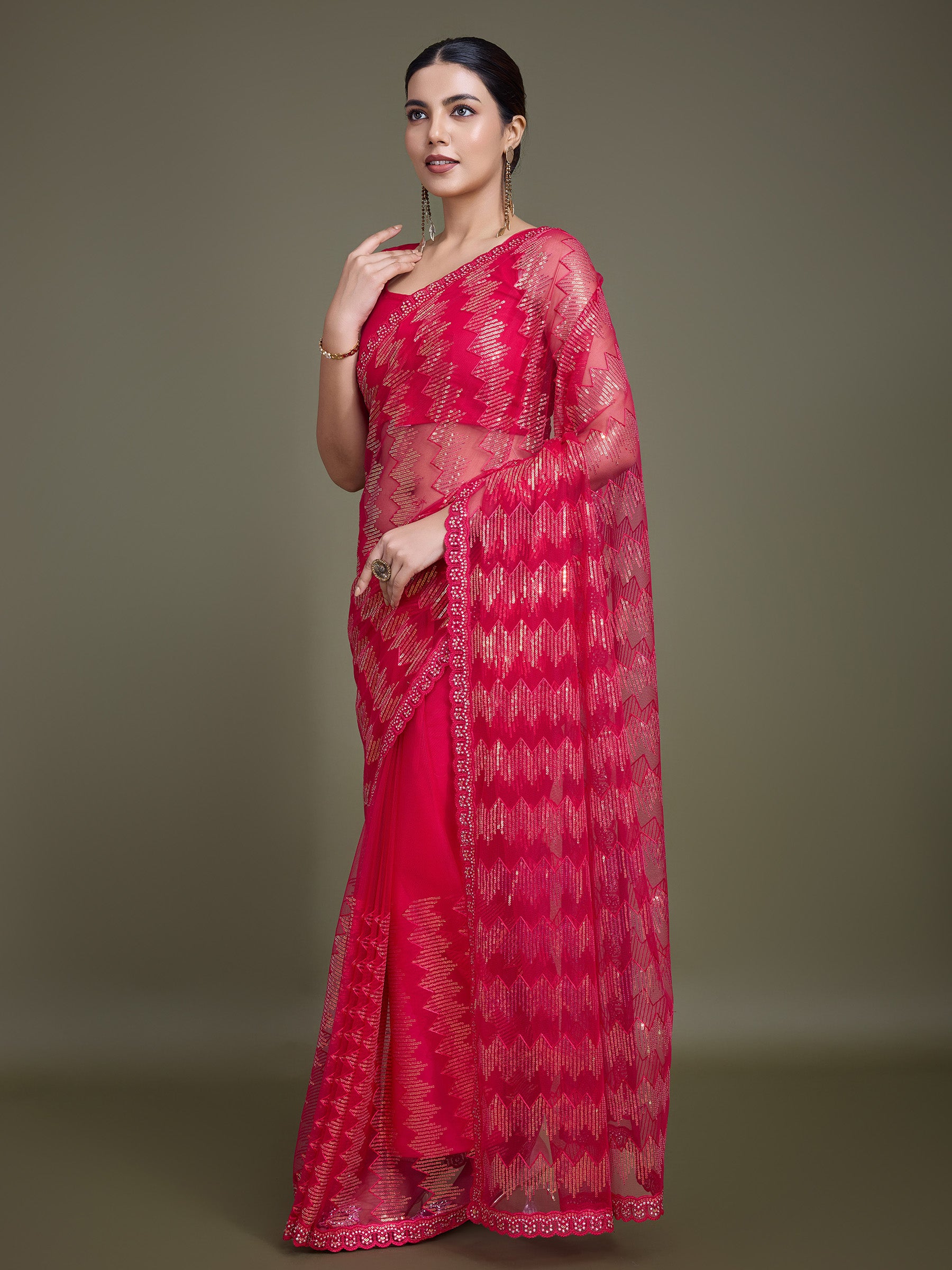 Dark Pink Net Sparkling Sequin Party Wear Saree - Monjolika Fashion Dark Pink Net Sparkling Sequin Party Wear Saree - Monjolika Fashion