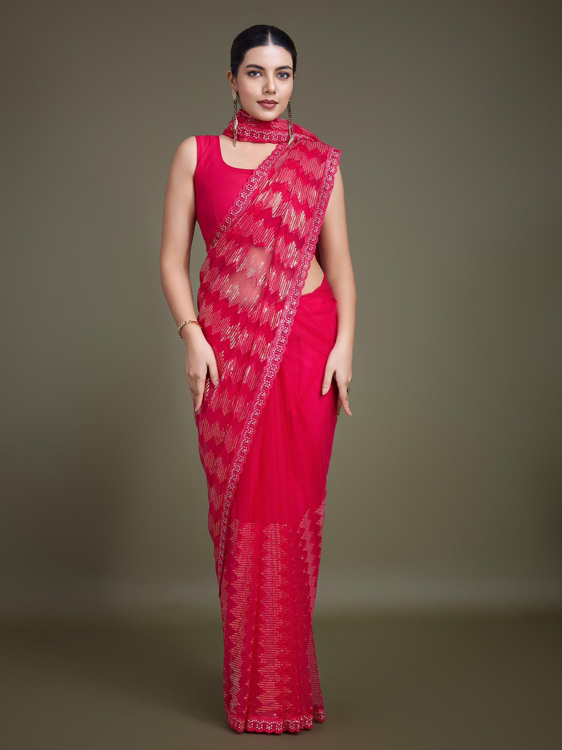 Dark Pink Net Sparkling Sequin Party Wear Saree - Monjolika Fashion Dark Pink Net Sparkling Sequin Party Wear Saree - Monjolika Fashion