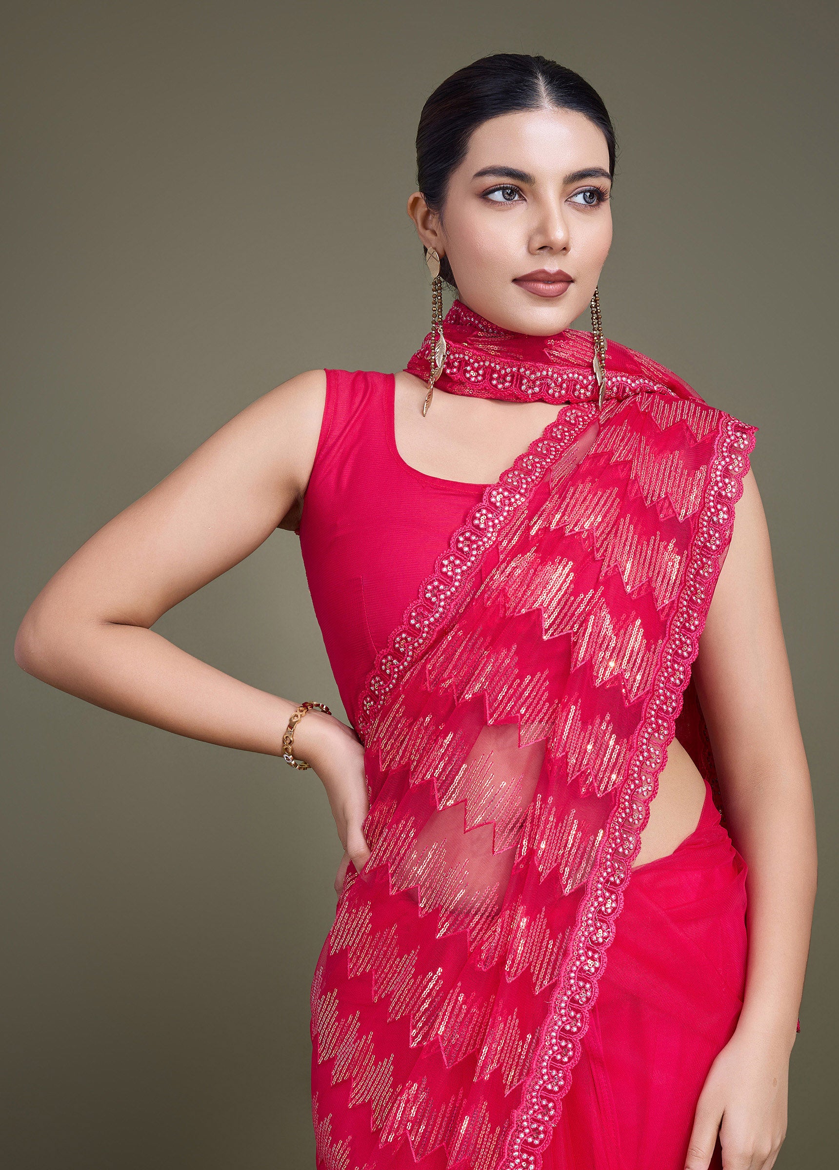 Dark Pink Net Sparkling Sequin Party Wear Saree - Monjolika Fashion Dark Pink Net Sparkling Sequin Party Wear Saree - Monjolika Fashion
