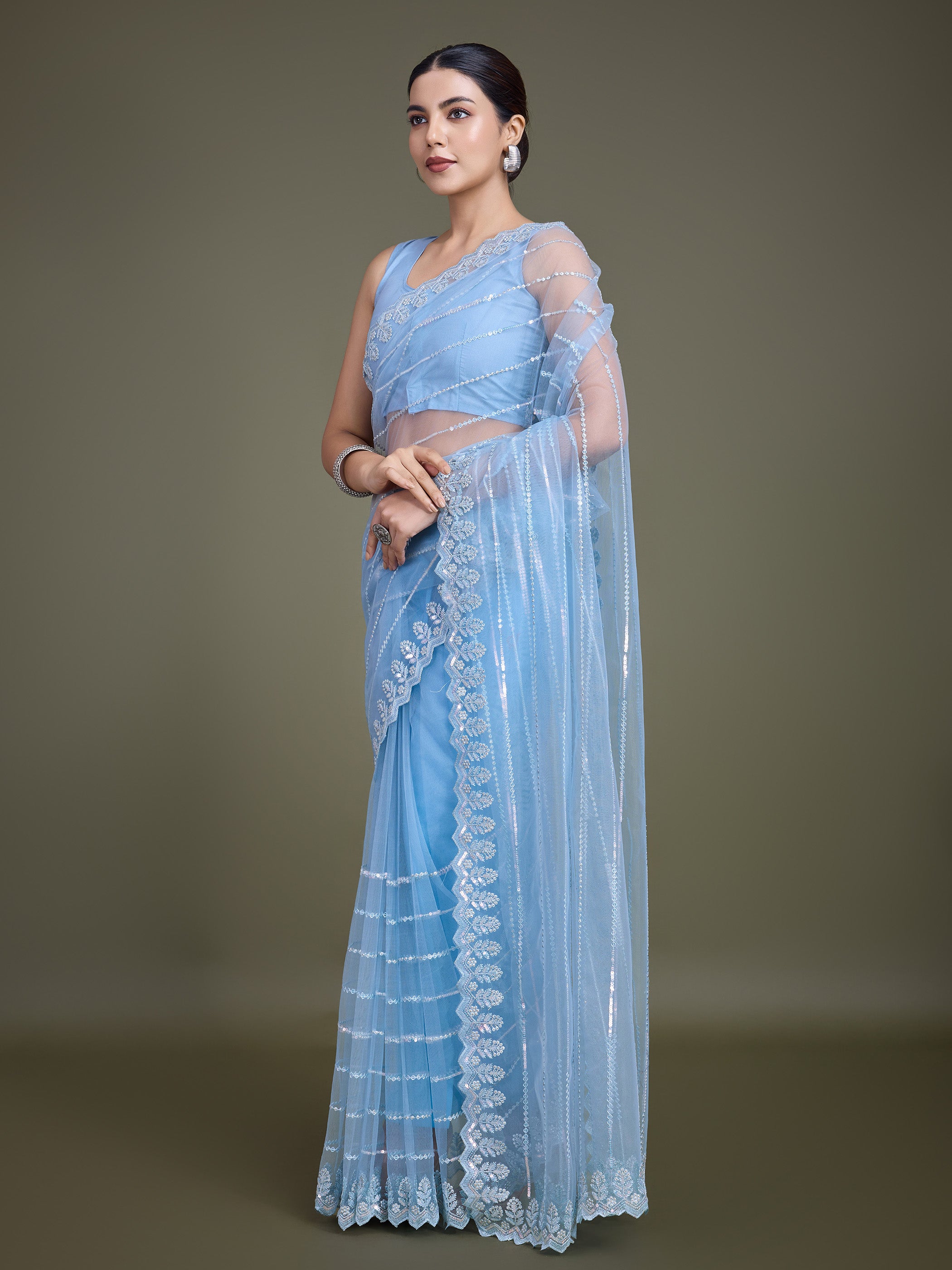 Sky Blue Soft Net Sequin Work Party Wear Saree - Monjolika Fashion Sky Blue Soft Net Sequin Work Party Wear Saree - Monjolika Fashion