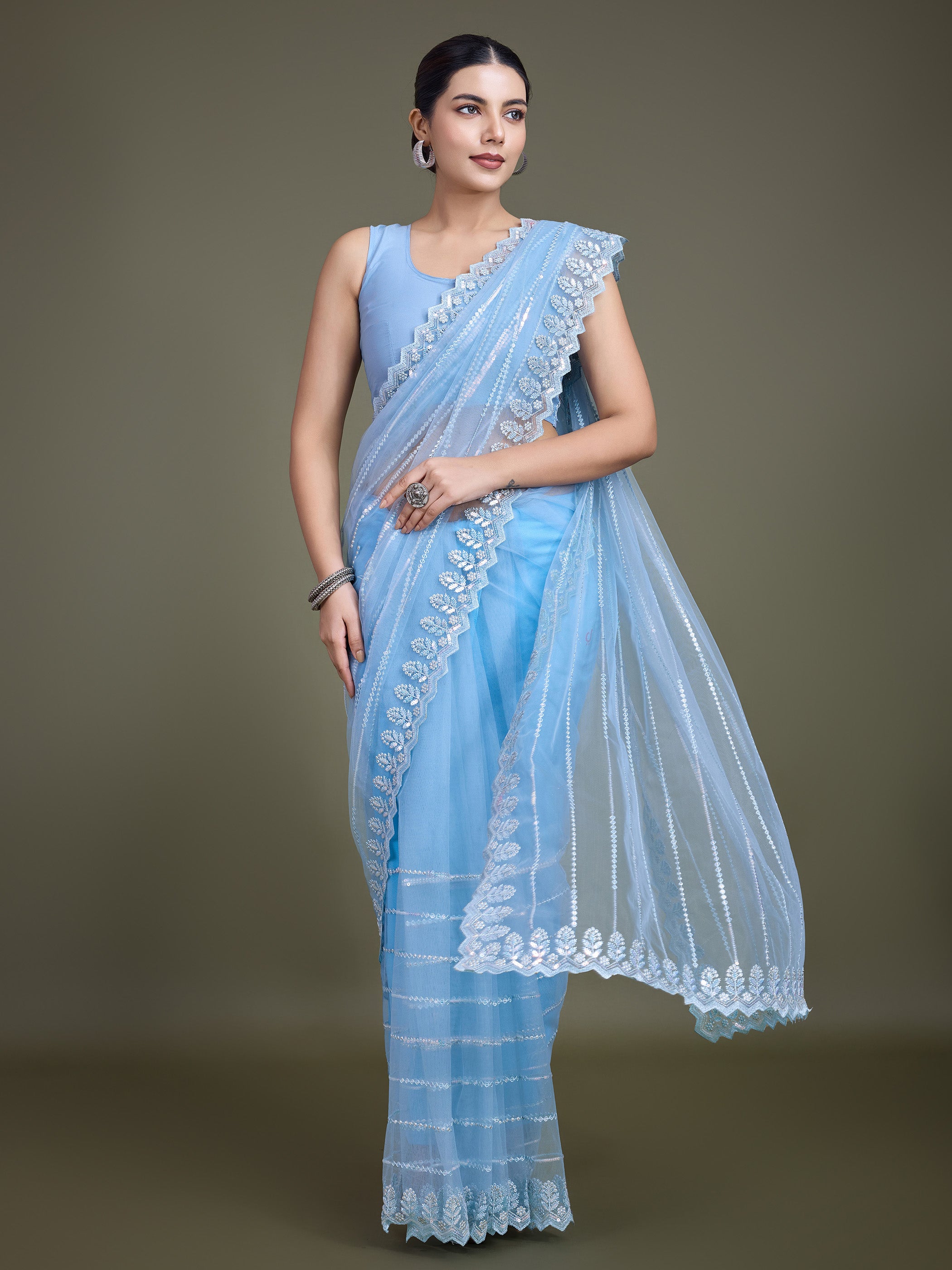 Sky Blue Soft Net Sequin Work Party Wear Saree - Monjolika Fashion Sky Blue Soft Net Sequin Work Party Wear Saree - Monjolika Fashion