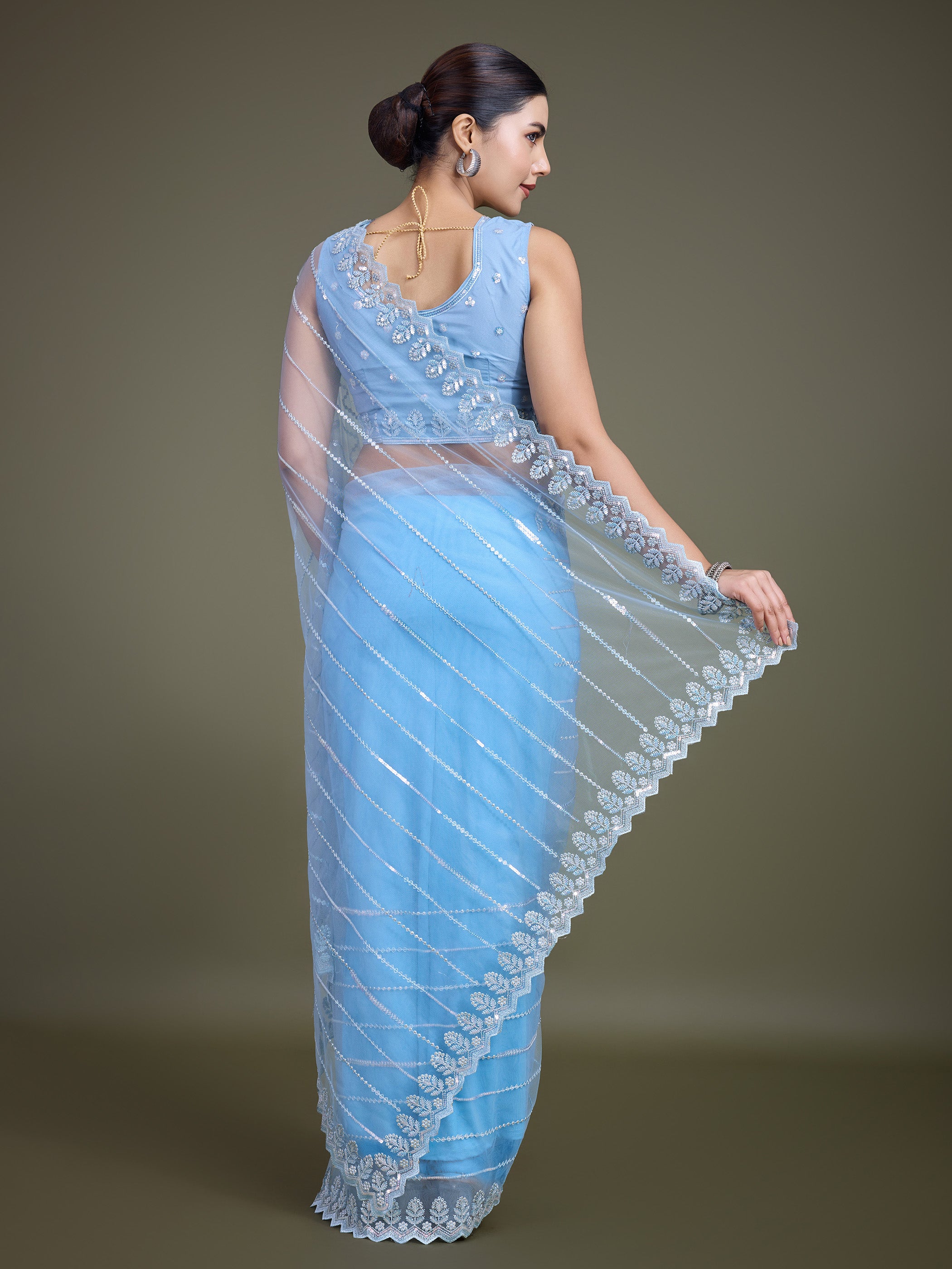 Sky Blue Soft Net Sequin Work Party Wear Saree - Monjolika Fashion Sky Blue Soft Net Sequin Work Party Wear Saree - Monjolika Fashion