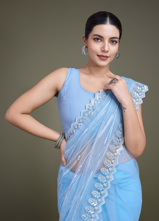Sky Blue Soft Net Sequin Work Party Wear Saree - Monjolika Fashion