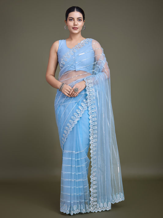 Sky Blue Soft Net Sequin Work Party Wear Saree - Monjolika Fashion