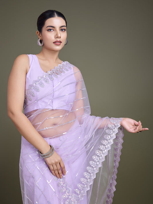 Lavender Soft Net Sequin Work Party Wear Saree