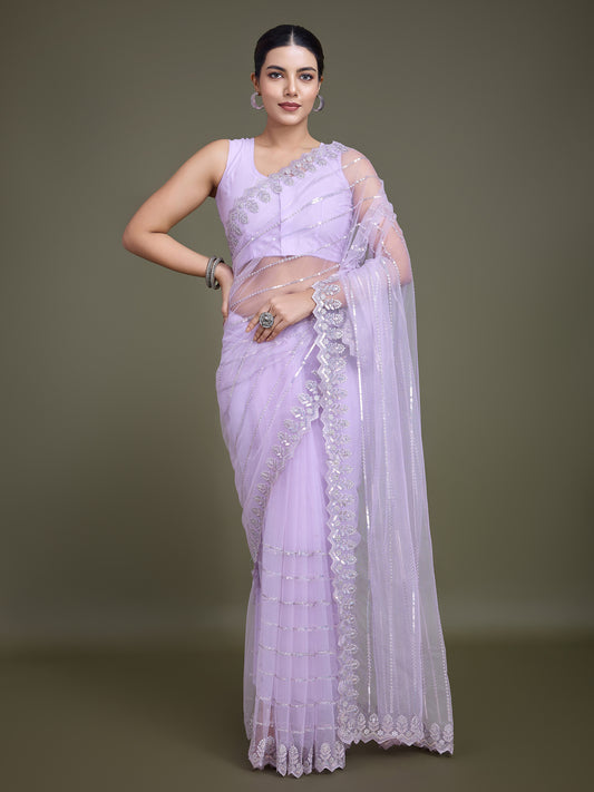 Lavender Soft Net Sequin Work Party Wear Saree
