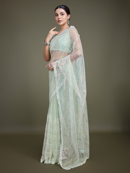 Light Green Soft Net  Sequins Partywear Saree