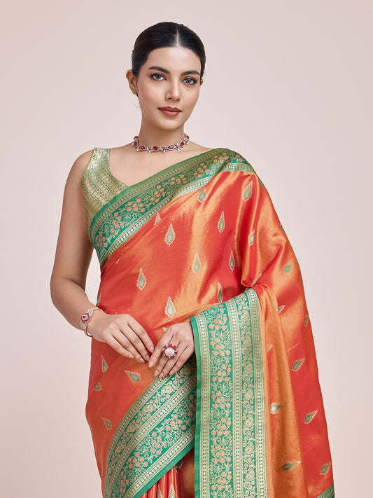 Orange Banarasi Tissue Silk Reception Wear Saree