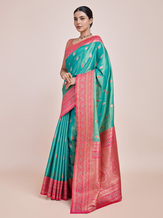 Turquoise Banarasi Tissue Silk  Weaving Wedding Saree