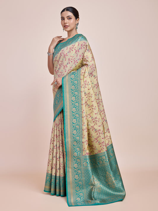 Cream Banarasi Tissue Silk Woven Stunning Saree