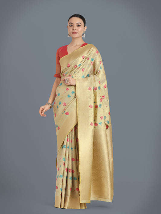 Cream Banarasi Tissue silk Designs With Regal Rich Look Saree