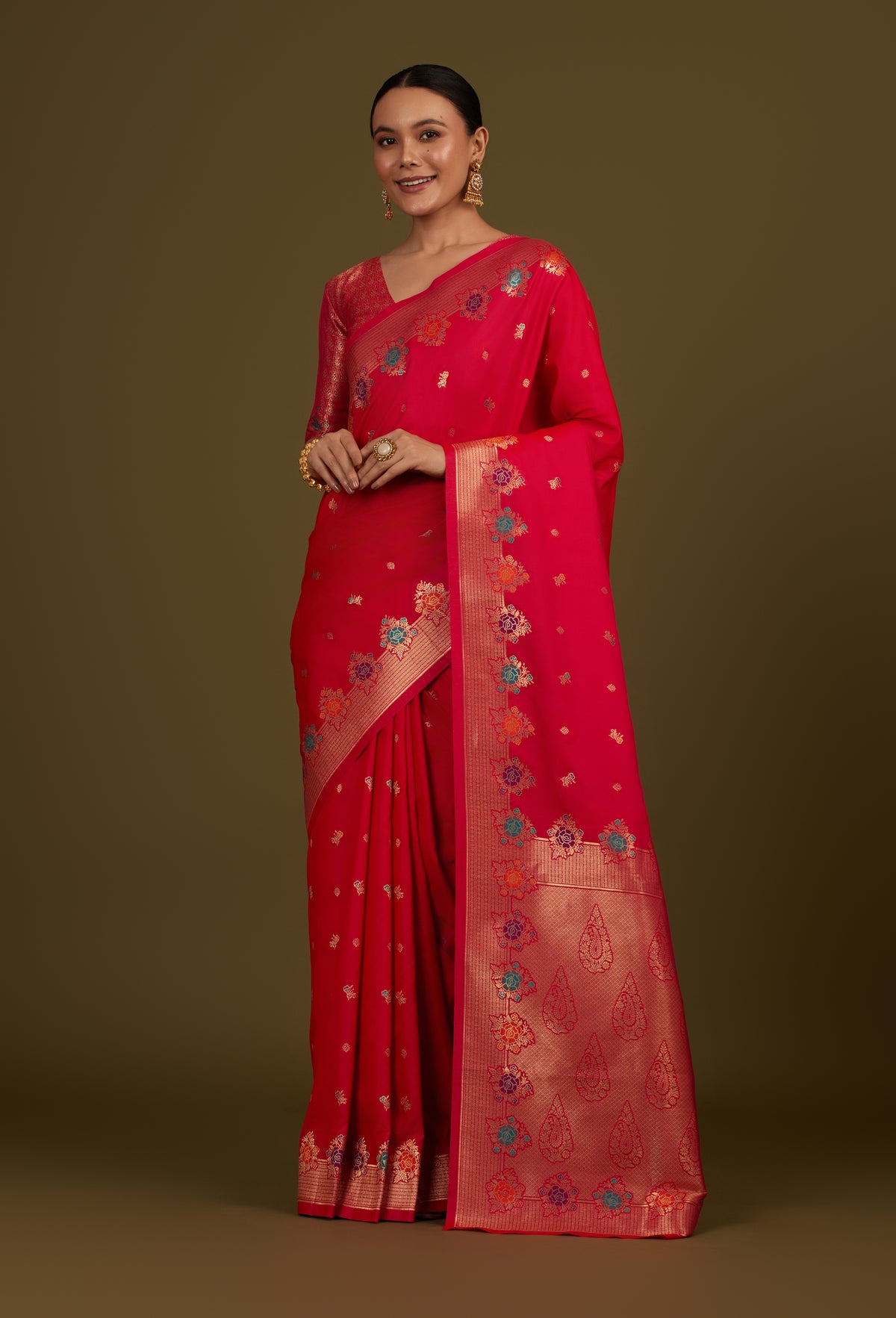 Dark Pink Banarasi Silk Blend Zari Woven Saree