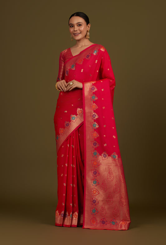 Dark Pink Banarasi Silk Blend Zari Woven Saree