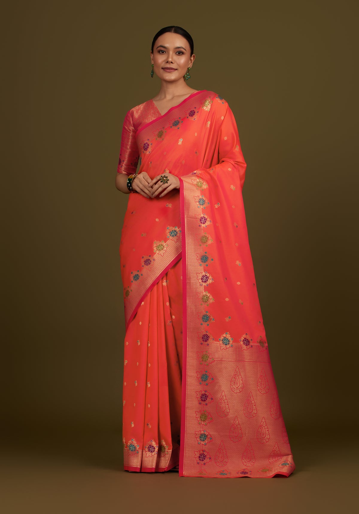 Dark Peach Banarasi Silk Blend Zari Woven Saree