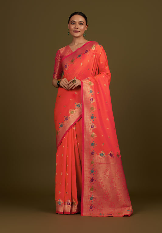 Dark Peach Banarasi Silk Blend Zari Woven Saree