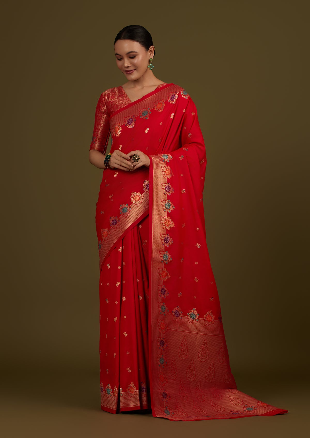 Red Banarasi Silk Blend Zari Woven Saree
