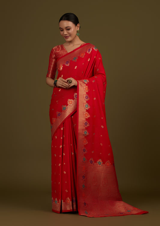 Red Banarasi Silk Blend Zari Woven Saree