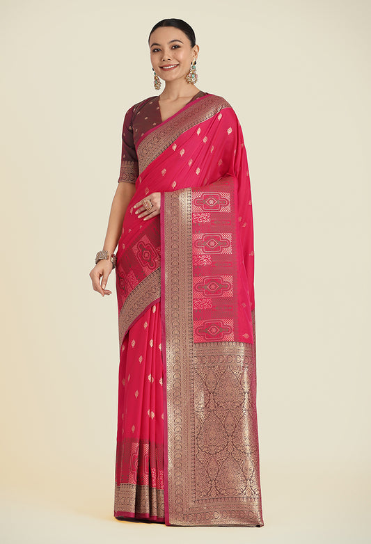 Bright Pink Banarasi Soft Silk Zari Work Trendy Saree