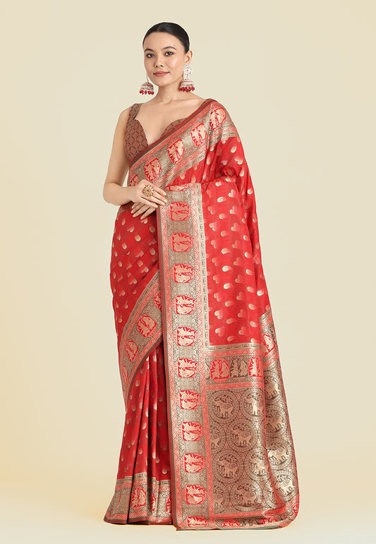 Red Banarasi Silk Weaving Work Traditional Saree