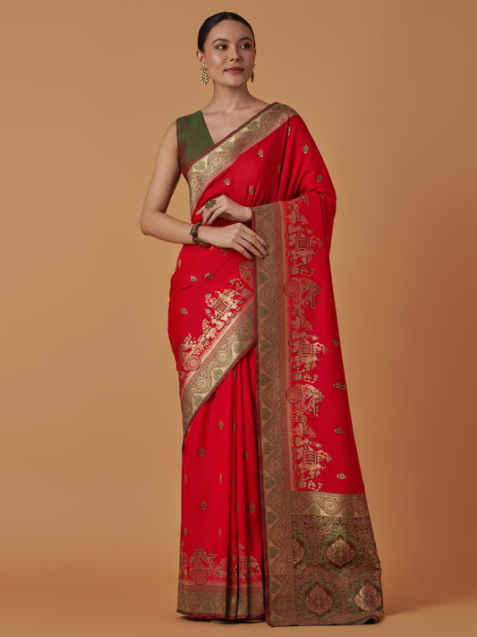 Red Banarasi Silk Dulha Dulhan Zari Woven Saree