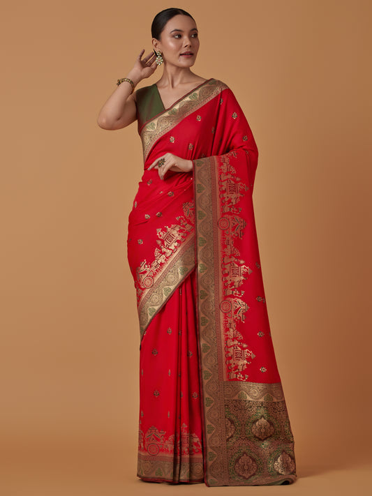 Red Banarasi Silk Dulha Dulhan Zari Woven Saree
