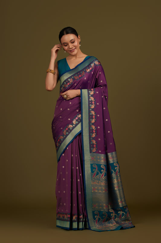 Dark Purple Banarasi Silk Blend Paisley Zari Pallu Saree