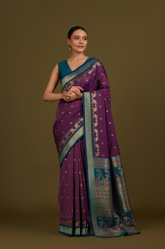 Dark Purple Banarasi Silk Blend Paisley Zari Pallu Saree
