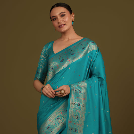 Cyan Banarasi Silk Blend Brocade Motifs Zari Woven Saree
