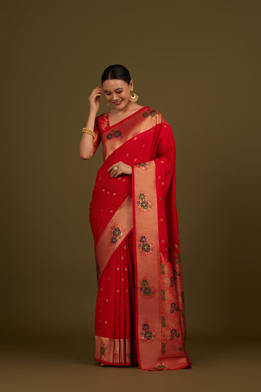 Red Silk Blend Zari Woven Classic Saree