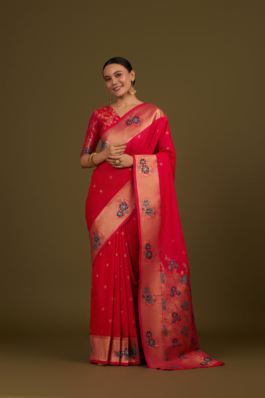 Pink Silk Blend Zari Woven Classic Saree