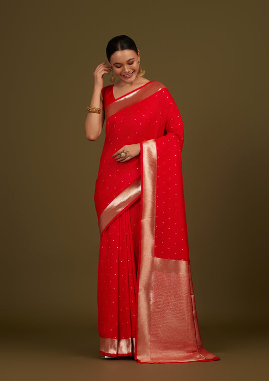 Red Banarasi Silk Zari Weaving Work Elegant Saree